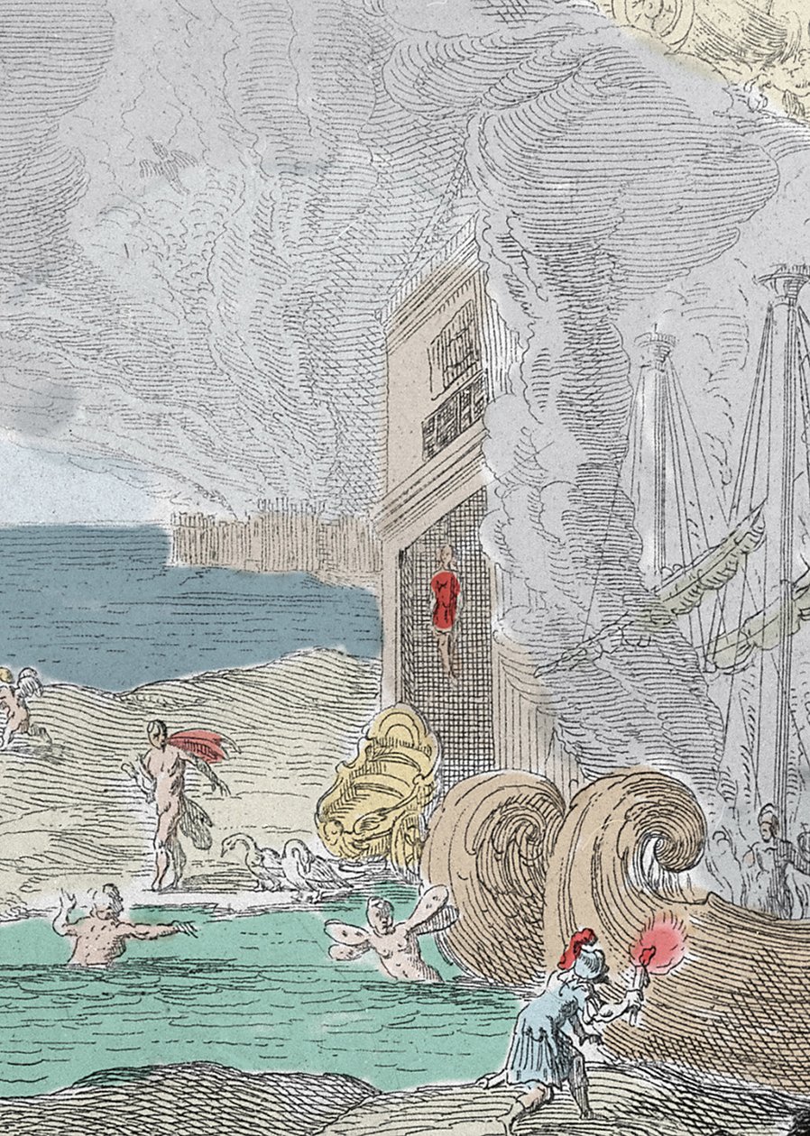 Hängde Iphis tillbakaslagen av Anaxarete. Detalj av en illustration hämtad från bok XIV av "" Metamorphoses"" (Metamorfosi) av Ovide (43 f.Kr.-17 e.Kr.). Gravyr 1637 av Unknown artist