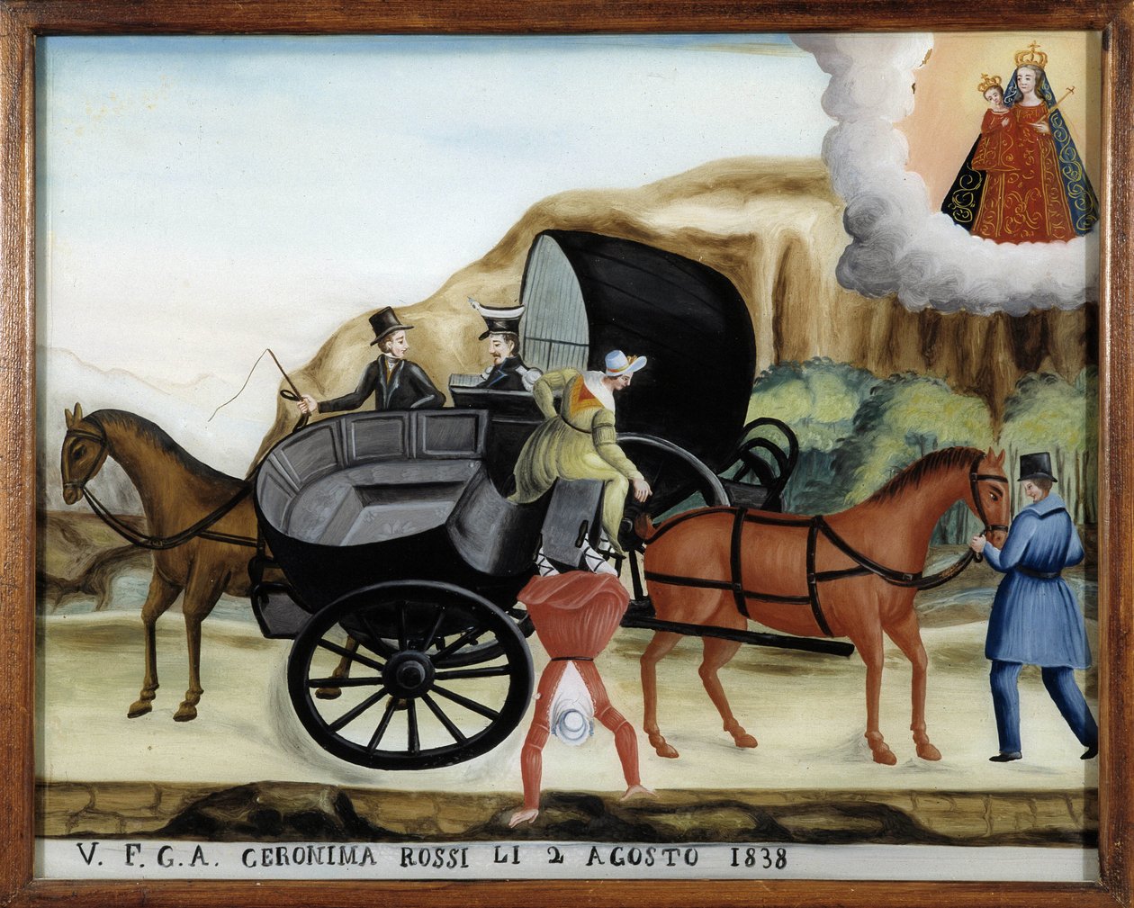 Hängande mellan två carrioles och en passagerares fall - Målning på glas, ex-voto av Notre Dame de Laghet av Unknown artist