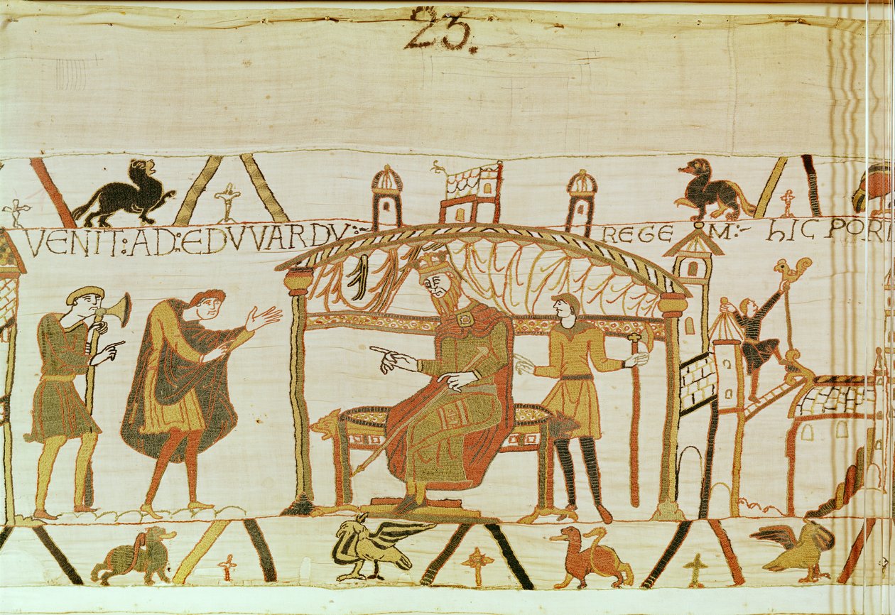 Harold kommer före King Edward, Bayeux Tapestry (ullbroderi på linne) av Unknown artist
