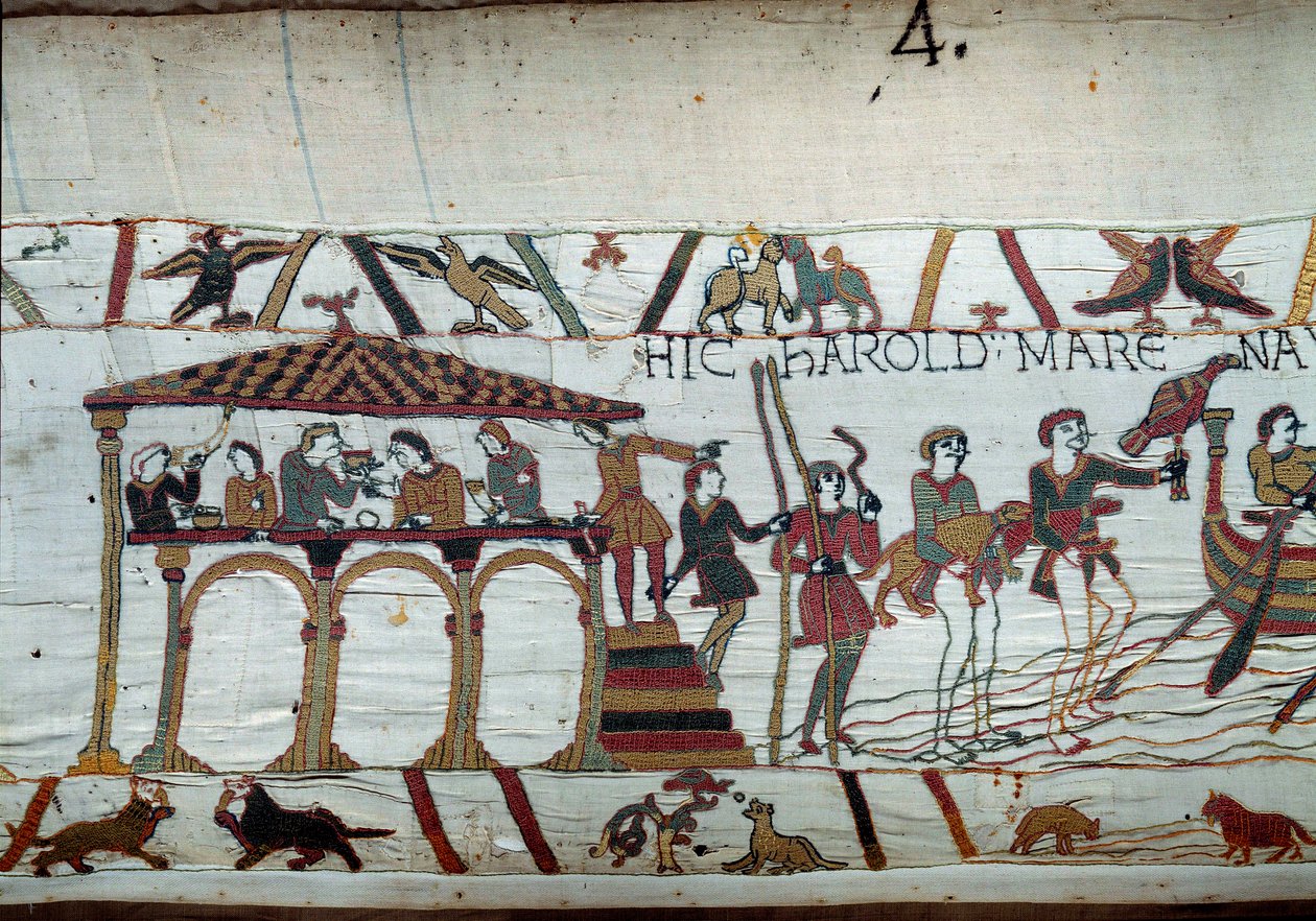 Harold skickas av kungen av England Edward the Confessor till Normandie för att informera hertig Vilhelm Erövraren (1027-1087) att han kommer att bli hans efterträdare till Englands krona: den sista måltiden på land innan han går ombord till Normandie-deta av Unknown artist