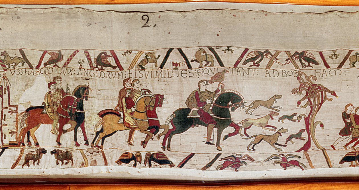 Harold skickas med sina män till Normandie av Edward the Confessor, Bayeux Tapestry (ullbroderi på linne) av Unknown artist