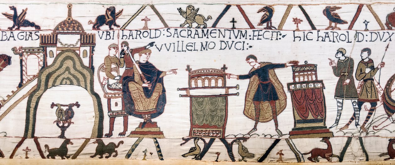Harold svär en helig ed till William i Bayeux, Bayeux Tapestry (ullbroderi på linne) av Unknown artist