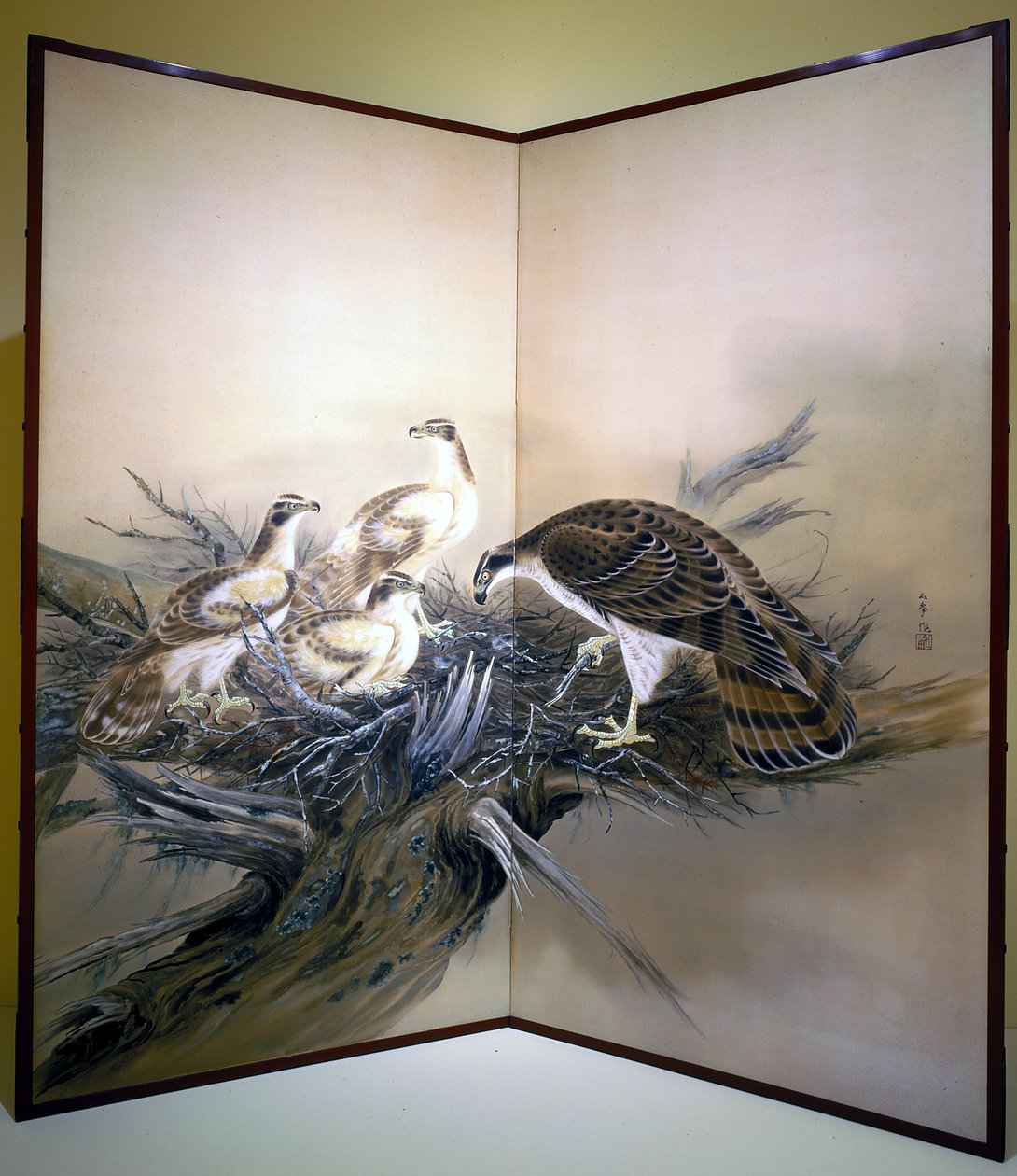 Hawks, Nest And Broken Tree (bläck och färger på siden) av Unknown artist