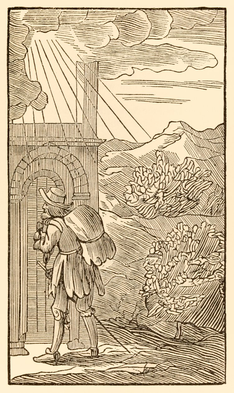 Den som kommer in måste först utan att stå och knacka på porten... från The Pilgrims Progress From This World, To That What Is To Come av John Bunyan (1628-1688) Pilgrimen når ingången till av Unknown