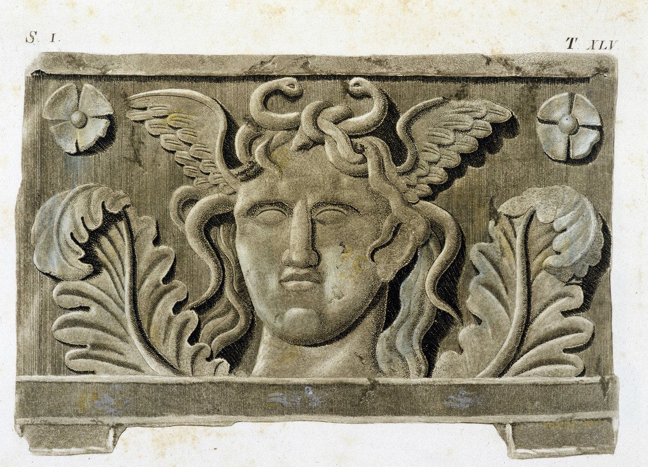 Head of Medusa, en av de tre Gorgones, stenbasrelief - i "Monumenti Etruschi"". av Unknown artist