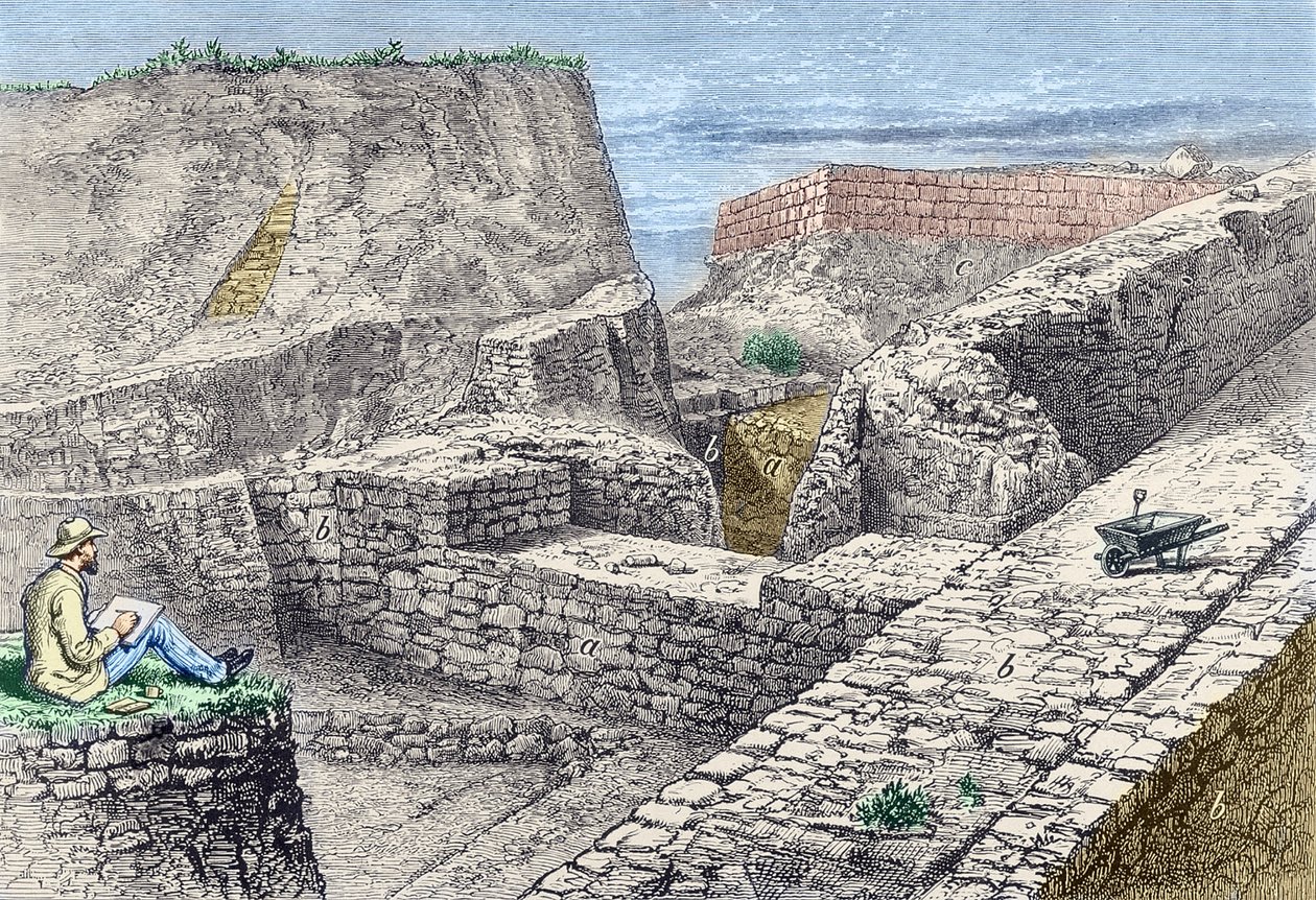 Heinrich Schliemann tar ritningar av murarna i Troja (Hissarlik) under utgrävningar av Unknown artist