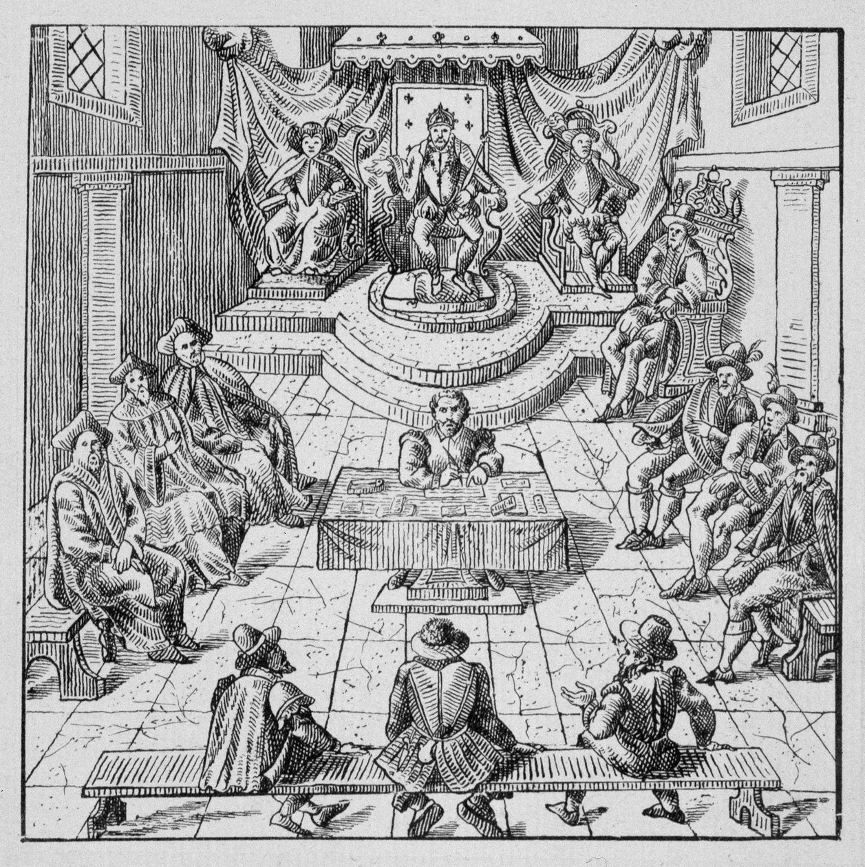 Henri III (1551 - 1589) innehar Estates Génales i Blois 1576 - i "" Samling av 39 figurer som representerar Frankrikes katastrofer från 1562 till 1586""; Louis Perrin imprimerie av Unknown artist