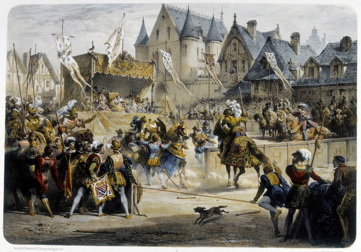 Henri II (1519 - 1559) sårades dödligt av Montgomery under turneringen den 29 juni 1559, rue St Antoine, framför Palais des Tournelles - litografi av Unknown artist