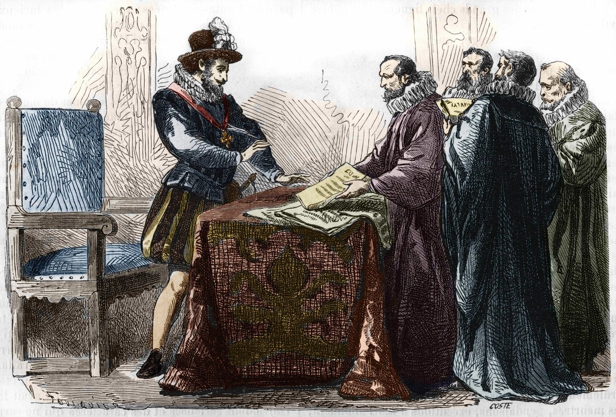 Henri IV (1553 - 1610) undertecknade Edit of Nantes den 13 april 1598. av Unknown artist