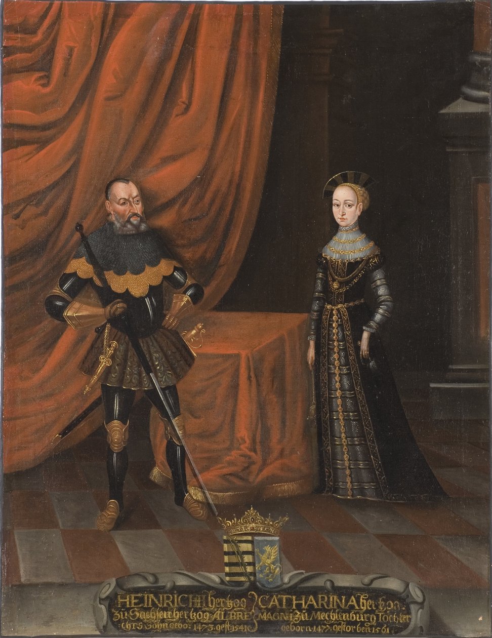 Henri IV de Saxe, dit le Pieux et Catherine de Mecklembourg - hertig Henrik den fromme (1473-1541) och hertiginna Katarina av Mecklenburg (1487-1561), anonym. Olja på duk. Mått: 101,5x79 cm. Nationalmuseum Stockholm av Unknown artist