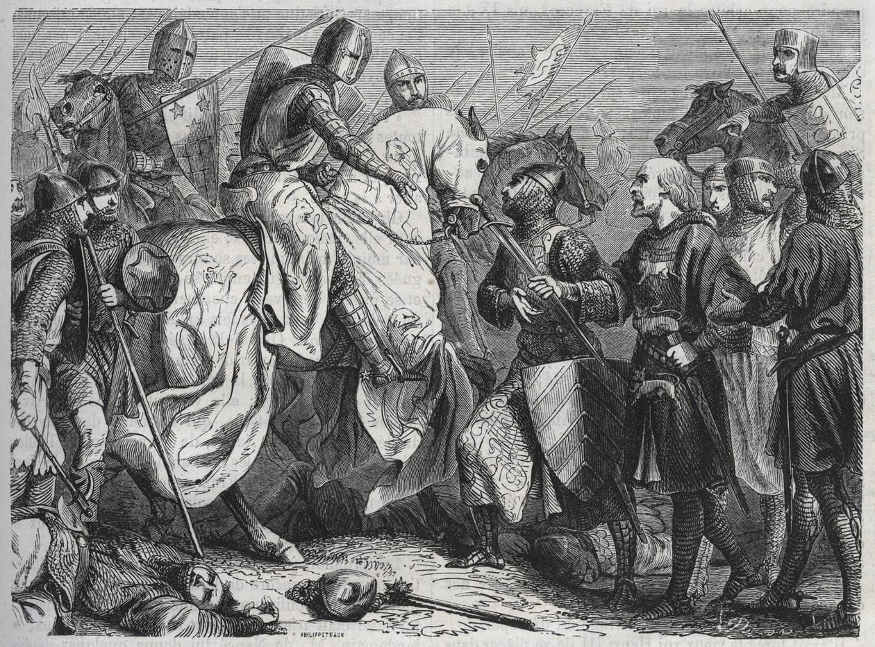 Henry III (Henry III Plantagenet av England) (1207-1272) fångas av Simon V av Montfort (ca 1208-1265) vid Lewes i Sussex 1264 - gravyr 1864 av Unknown artist