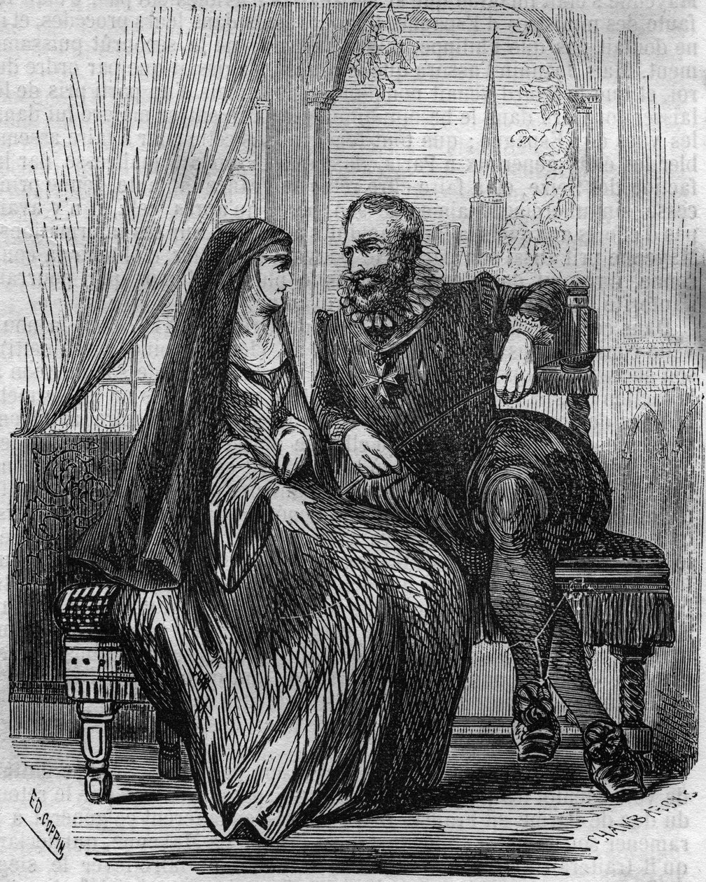 Henrik IV, kung av Frankrike (1553-1610) med abbedissan av Montmartre Marie de Beauvilliers - Gravyr från 1800-talet av Unknown artist