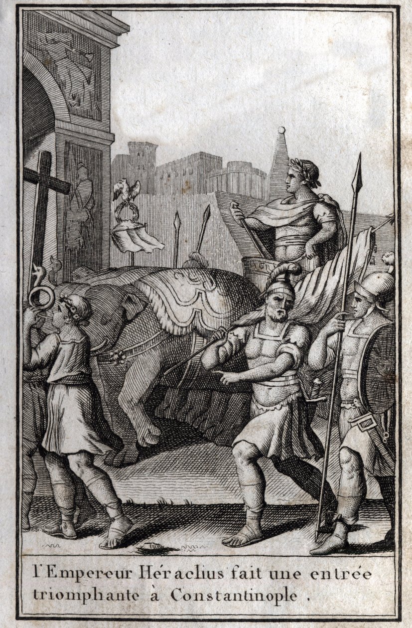 Heraclius I (Flavius Heraclius, Herakleios (cirka 575-610/641), bysantinsk kejsare, gjorde en triumferande entré till Konstantinopel. Han klättrade på en vagn nådd av fyra elefanter och förde fram det Sanna Korset (Heliga Korset) som hade tagits fram till  av Unknown artist
