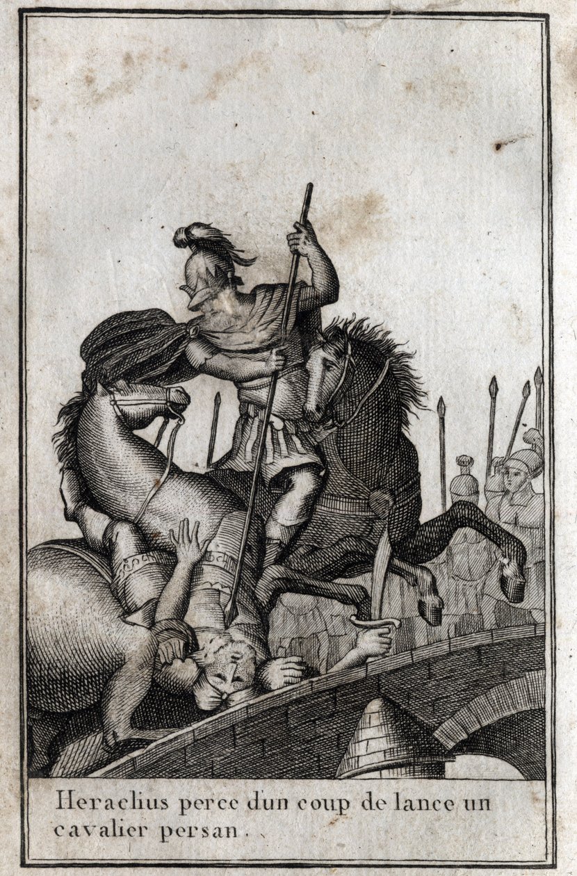 Heraclius I (Flavius Heraclius, Herakleios (cirka 575-610/641), bysantinsk kejsare, spjuter en persisk ryttare (krig mot perserna), 700-talet. Gravyr i "Beaute de l