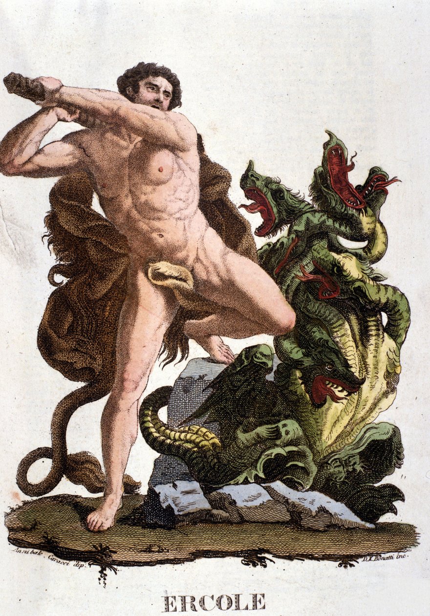 Herkules slår ner Lerna Hydra - gravyr av Unknown artist