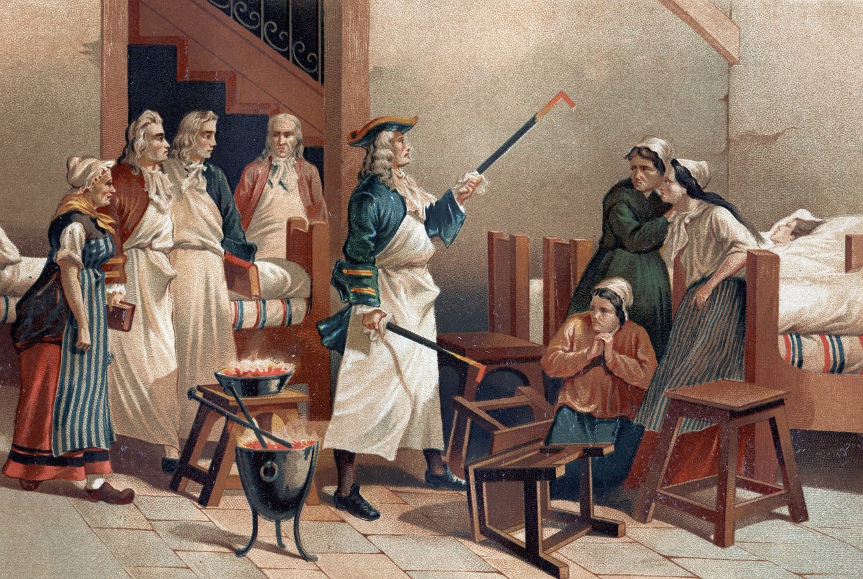 Hermann Leyde Boerhaave (1688-1738), holländsk läkare med sina studenter inför de hysteriska kvinnorna på Leyde Hospital. Efter "La Ciencia y sus Hombres par Louis Figuier". Barcelona 1881 av Unknown artist