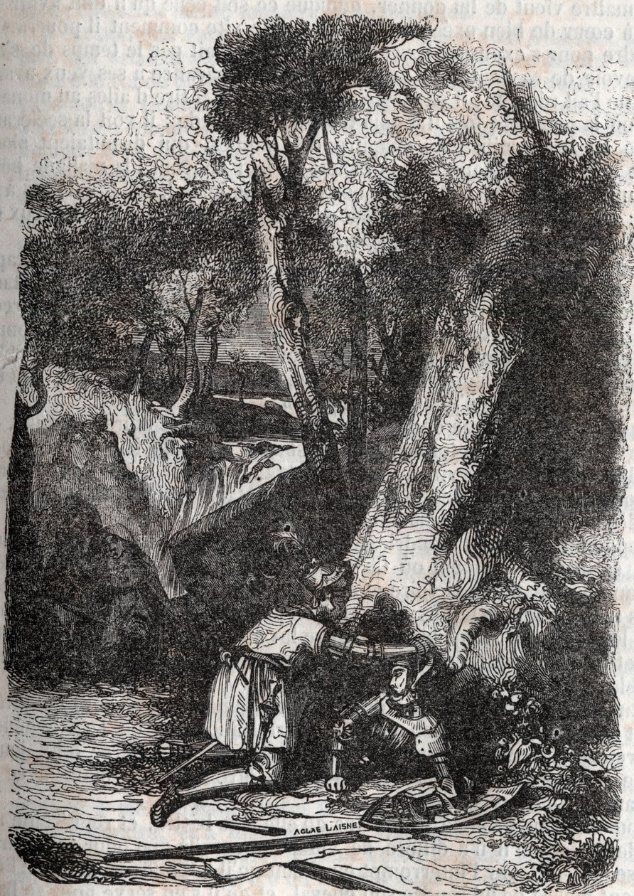 Hermonides välte och räddades av Zerbin - 1851 gravyr från "" Furious Roland"" (Orlando furioso) (1500-talet) av Ludovico Ariosto, känd som Ariosta - Upplaga översatt från italienska av greven av Tressan och publicerad av Gustave Harvard 1851 av Unknown artist