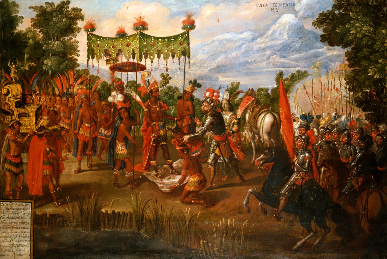 Hernan Cortes möter kejsar Moctezuma av Unknown artist
