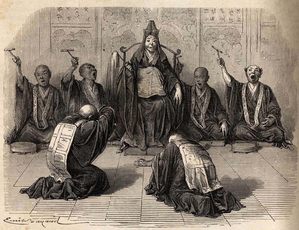 Högbuddhistisk präst som dyrkas, omgiven av sina lärjungar som rytmerar ritualen med gong och cymbaler. Gravyr för att illustrera resan till Japan 1863-1864, av Aime Humbert, minister för Schweiziska edsförbundet, i "Le tour du monde, nouveau journal" av Unknown artist