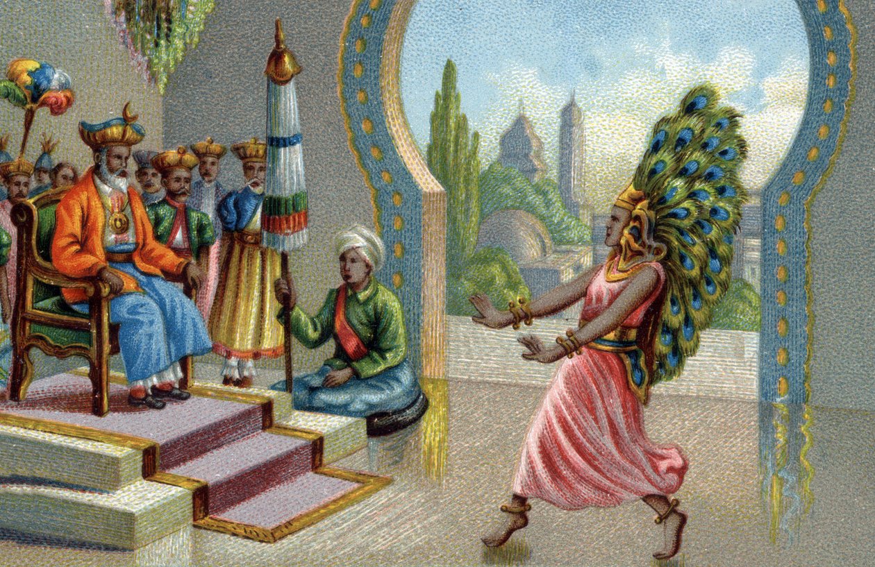 Hinduisk dansare prydd med påfågelfjädrar: invånarna smyckar sig med påfågelfjädrar eller gör eventails. Kromolitografi av 1800-talet av Unknown artist