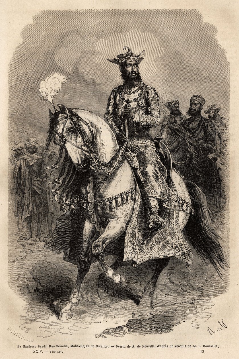 Hans höghet Syadji Rao Scindia (1846-1886), Maharajah av Gwalior (nuvarande Madhya Pradesh). Gravyr för att illustrera Rajahernas Indien, av Louis Rousselet, 1864-1868, publicerad i "" Le tour du monde""" 1872, redigerad av Edouard Charton, Hachette edi av Unknown artist