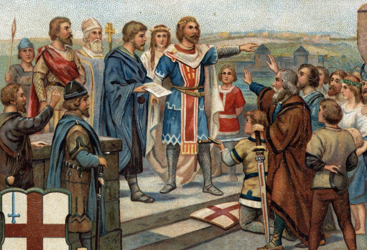 Historiska episoder av kända städer: Alfred den store (849-899) återlämnar London till sina tidigare invånare (886), "Freden för Alfred och Guthrum" markerade anglosaxarnas seger mot danskarna (= viking). Kromolitografi av 1800-talet. av Unknown artist