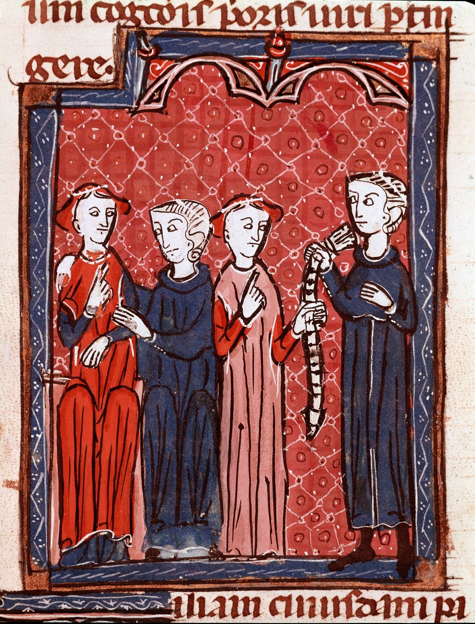 Den kanoniska lagens historia: "Kvinna dömd till kyskhetens bälte"" Miniatyr hämtad från "Decret de Gratien"" ("Concordia discordantium canonum" eller "Decretum Gratiani") från 1140 och reglerar den romersk-katolska kyrkans lagar och kanoner . 13:e av Unknown artist