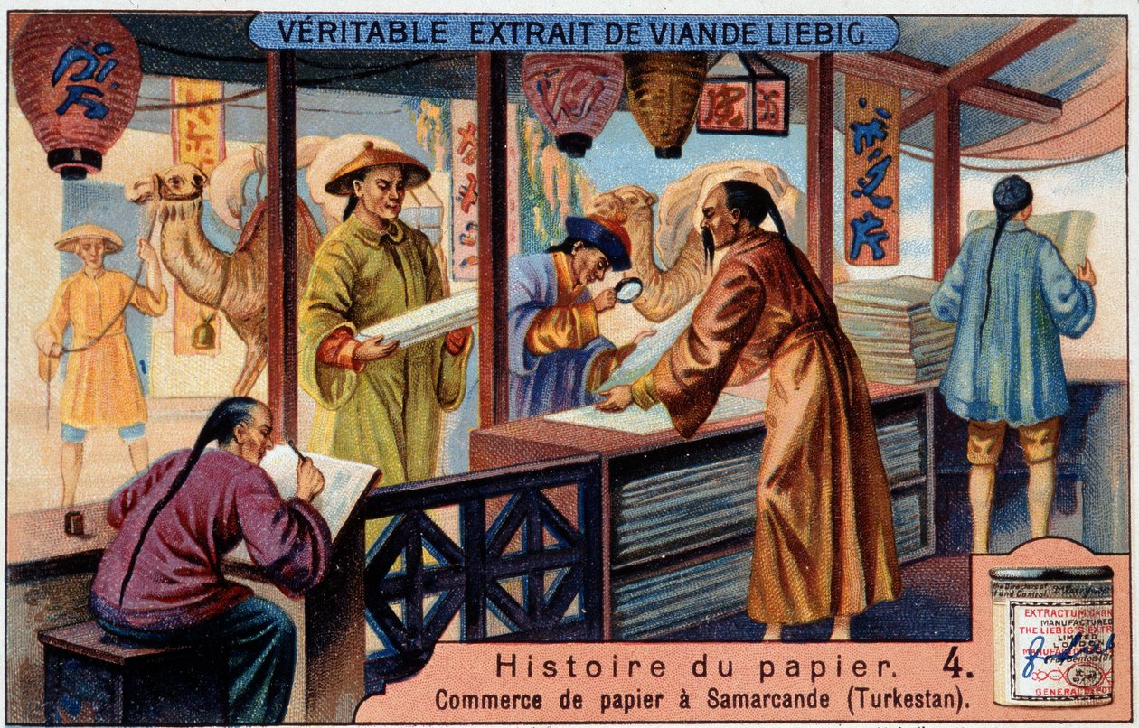 Pappers historia. 4. Pappershandel i Samarkand (= Samarkand) (Turkestan). Liebig kromolitografi av Unknown artist
