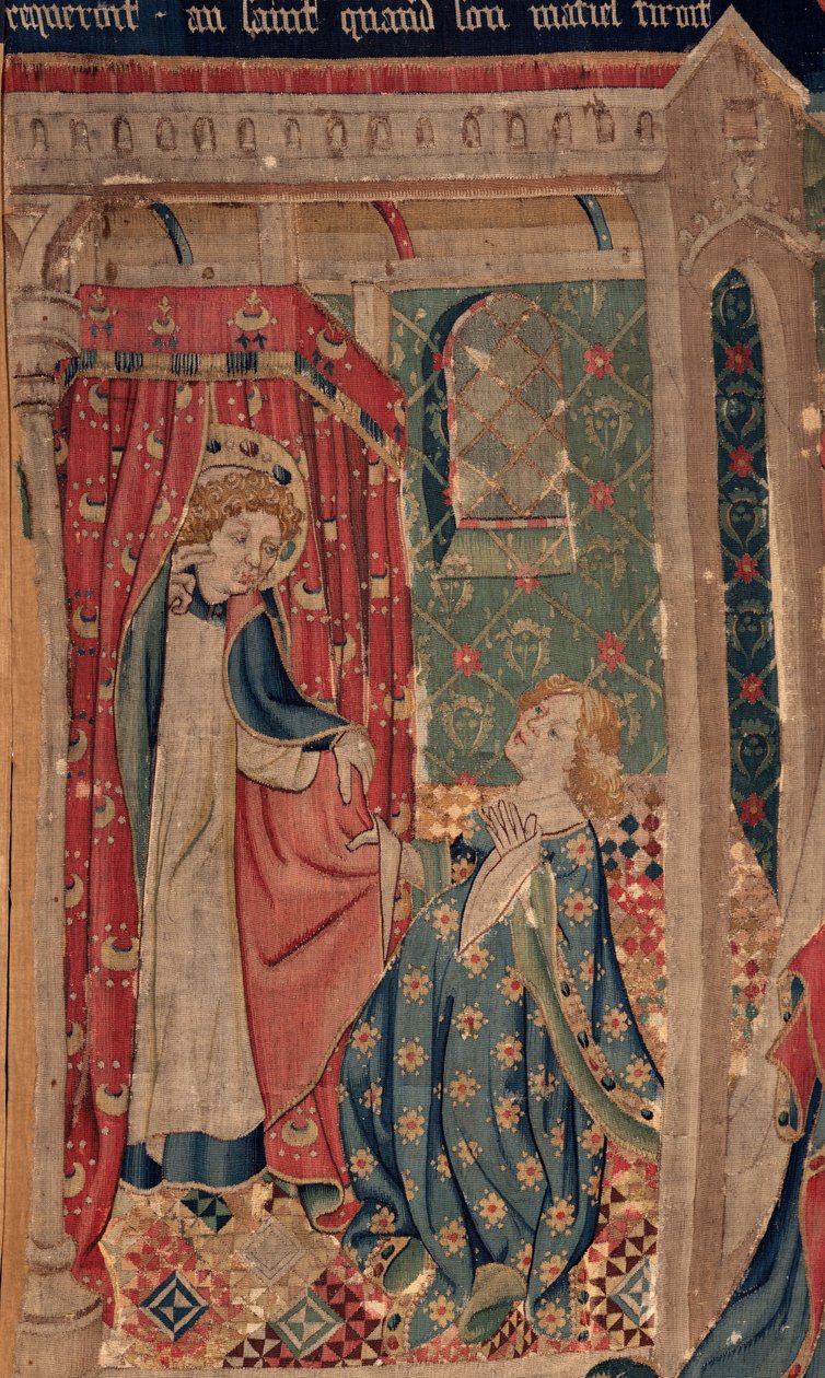 Historia om Saint Piat och Saint Eleuthère, Scen 11: Frestelserna av Saint Eleuthère (Tribundottern kommer att dö så att hon inte kan få den galna kärleken som helgonet kräver när hans mantel dras). Detalj. av Unknown artist