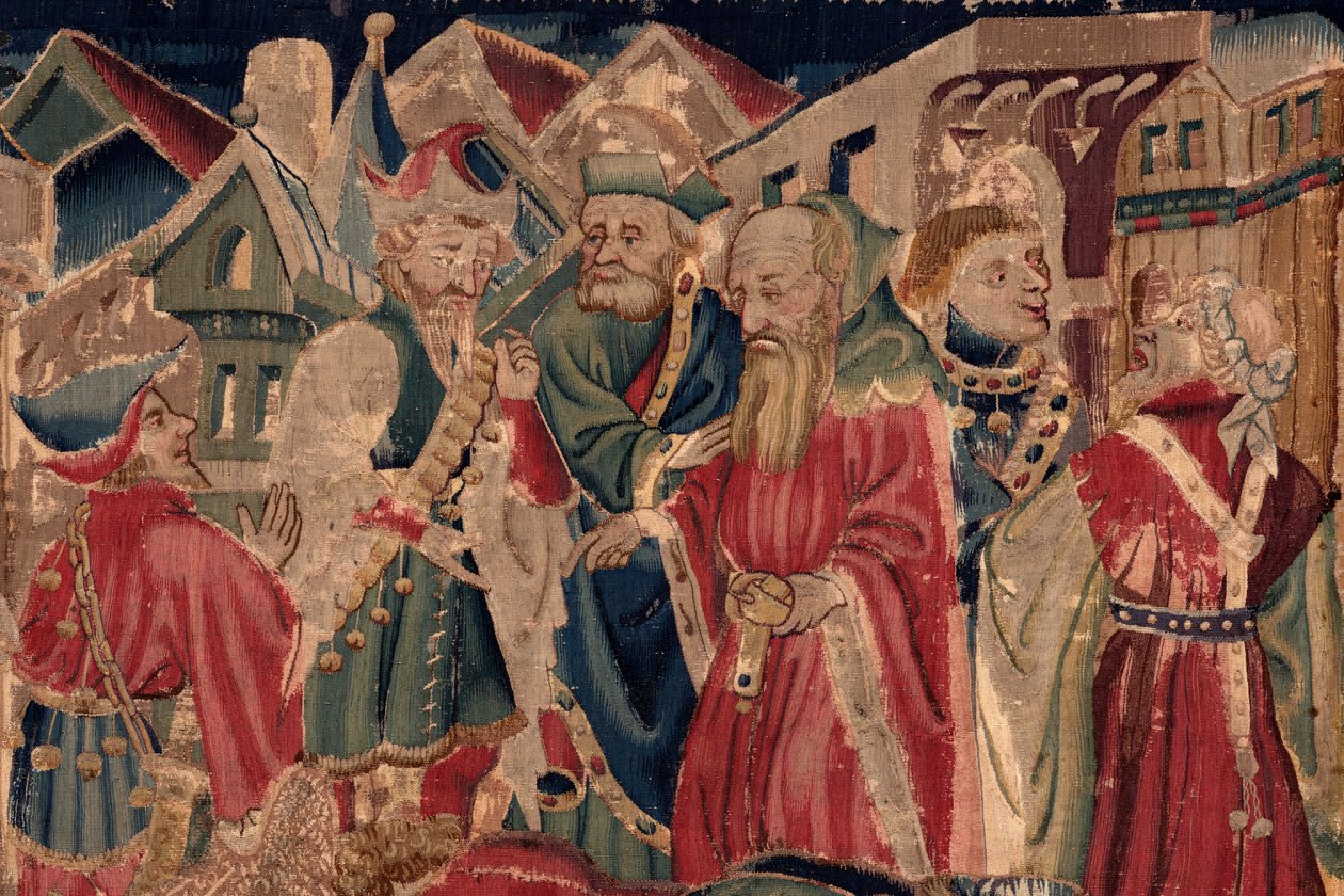 Historia om Saint Piat och Saint Eleuthère, scen 14: Pesten håller på att slå ner staden Tournai. Detalj. av Unknown artist