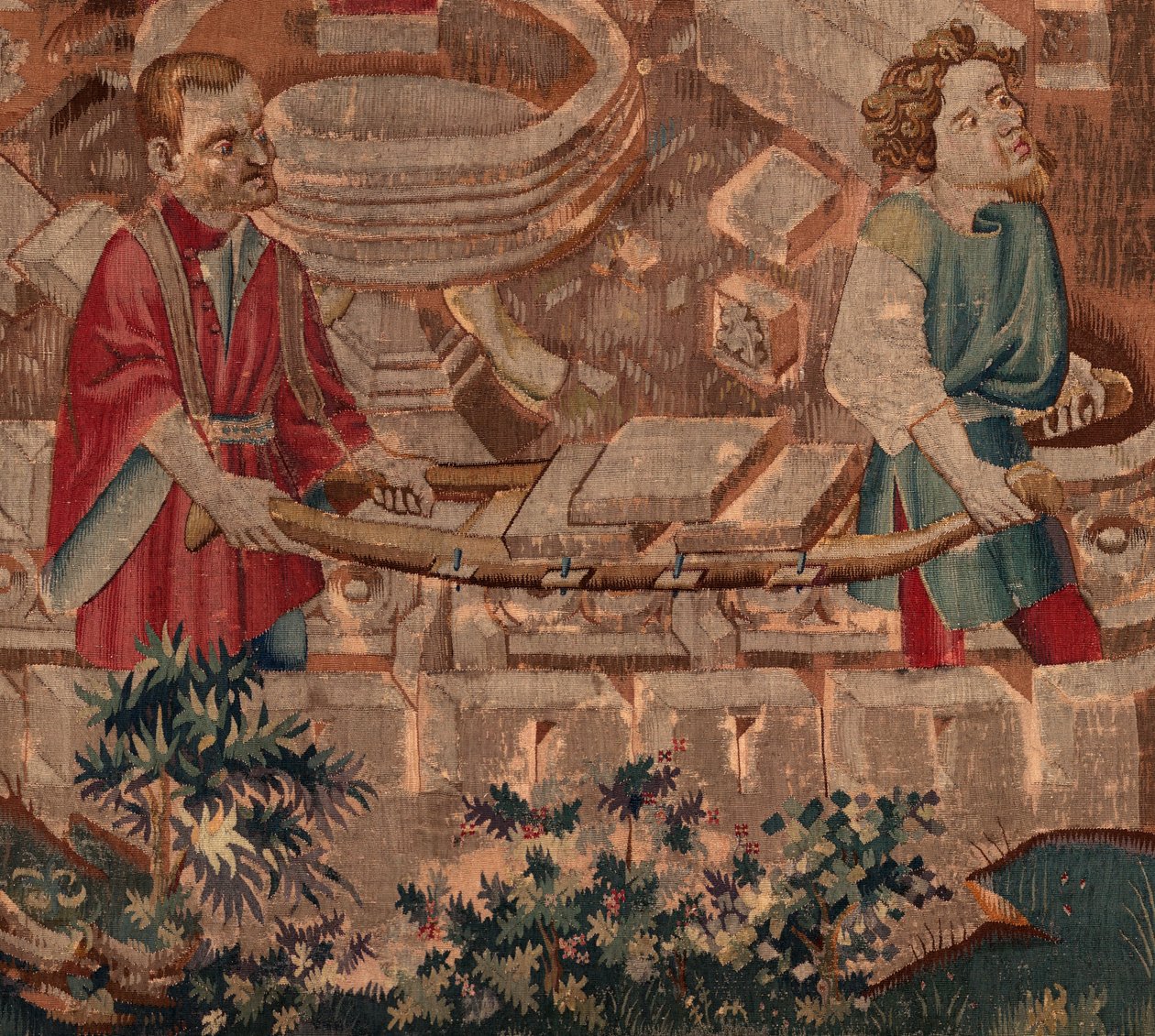 Historia om Saint Piat och Saint Eleuthère, scen 5 detalj. Nedre del. Murare som transporterar stenar. av Unknown artist