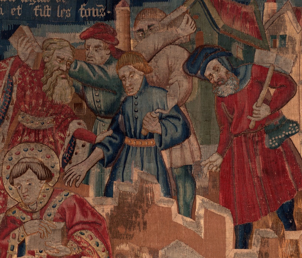 Historia om Saint Piat och Saint Eleuthère, scen 5 detalj. Övre till höger. Murare. av Unknown artist