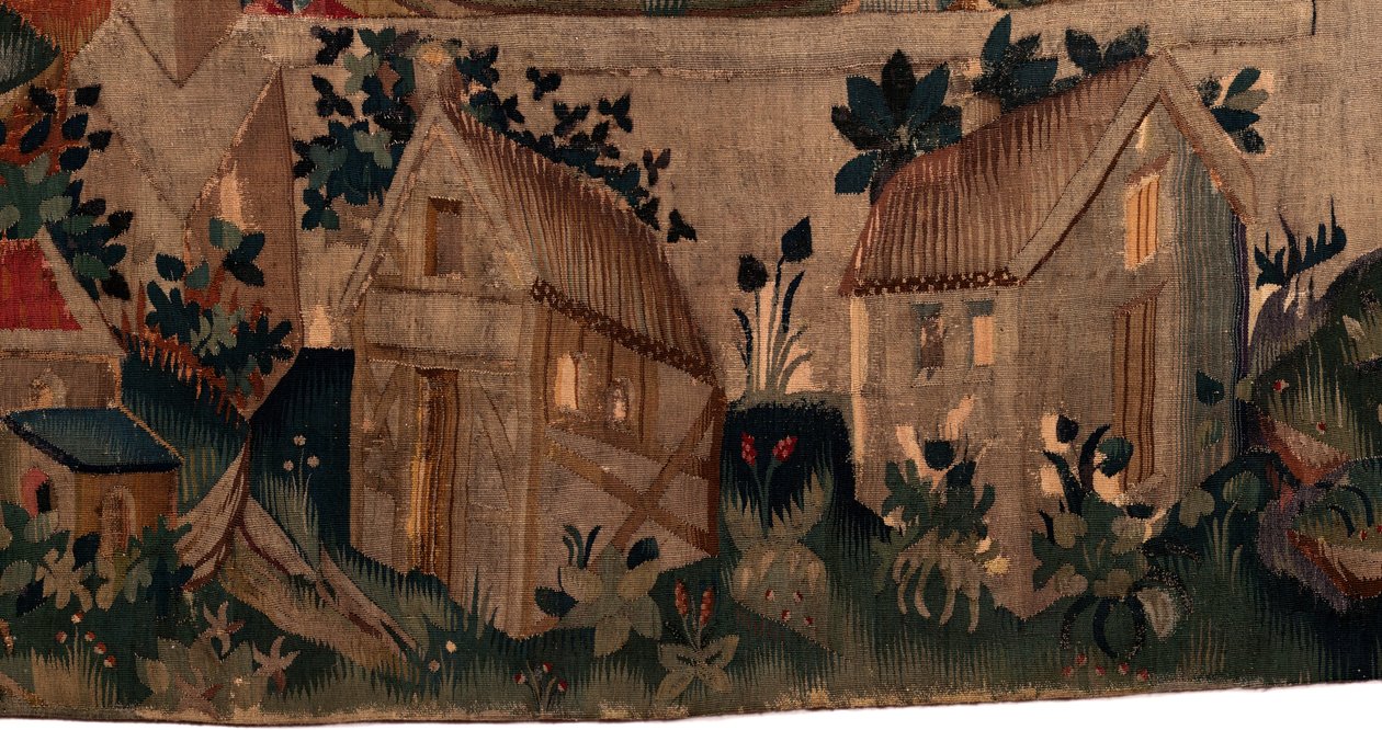 Historia om Saint Piat och Saint Eleuthère, Scen 7 dop av de exil kristna, Detalj längst ner. Två hus. av Unknown artist