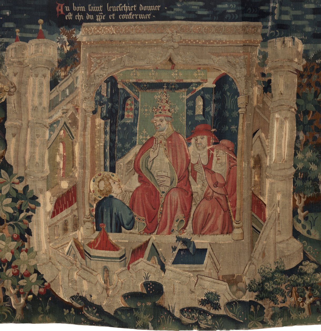 Historia om Saint Piat och Saint Eleuthère, scen 9: Saint Éleuthère bekräftas av påven som biskopen av Tournai av Unknown artist