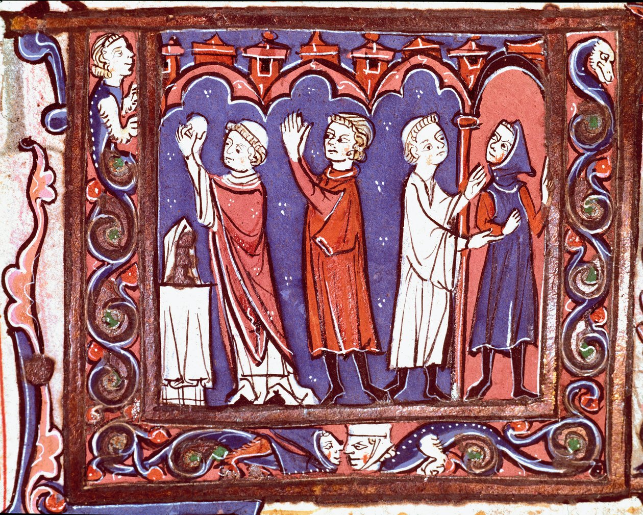 Den kanoniska lagens historia: "" nattvardsplats (vänster) och bannlysning (höger)"" Miniatyr hämtad från "" Decretales"" av Giovanni d