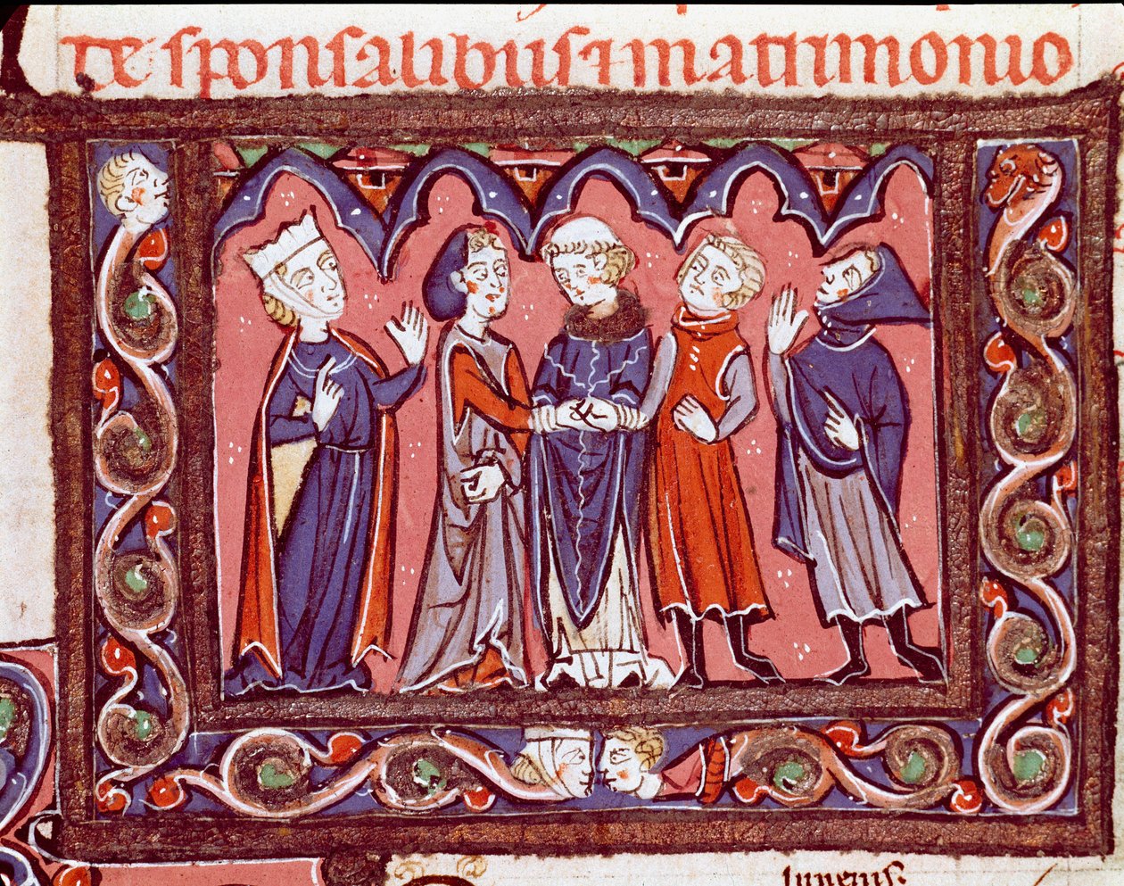 Den kanoniska lagens historia: "" bröllopsceremoni""" Miniatyr från "Decretales"" av Giovanni d