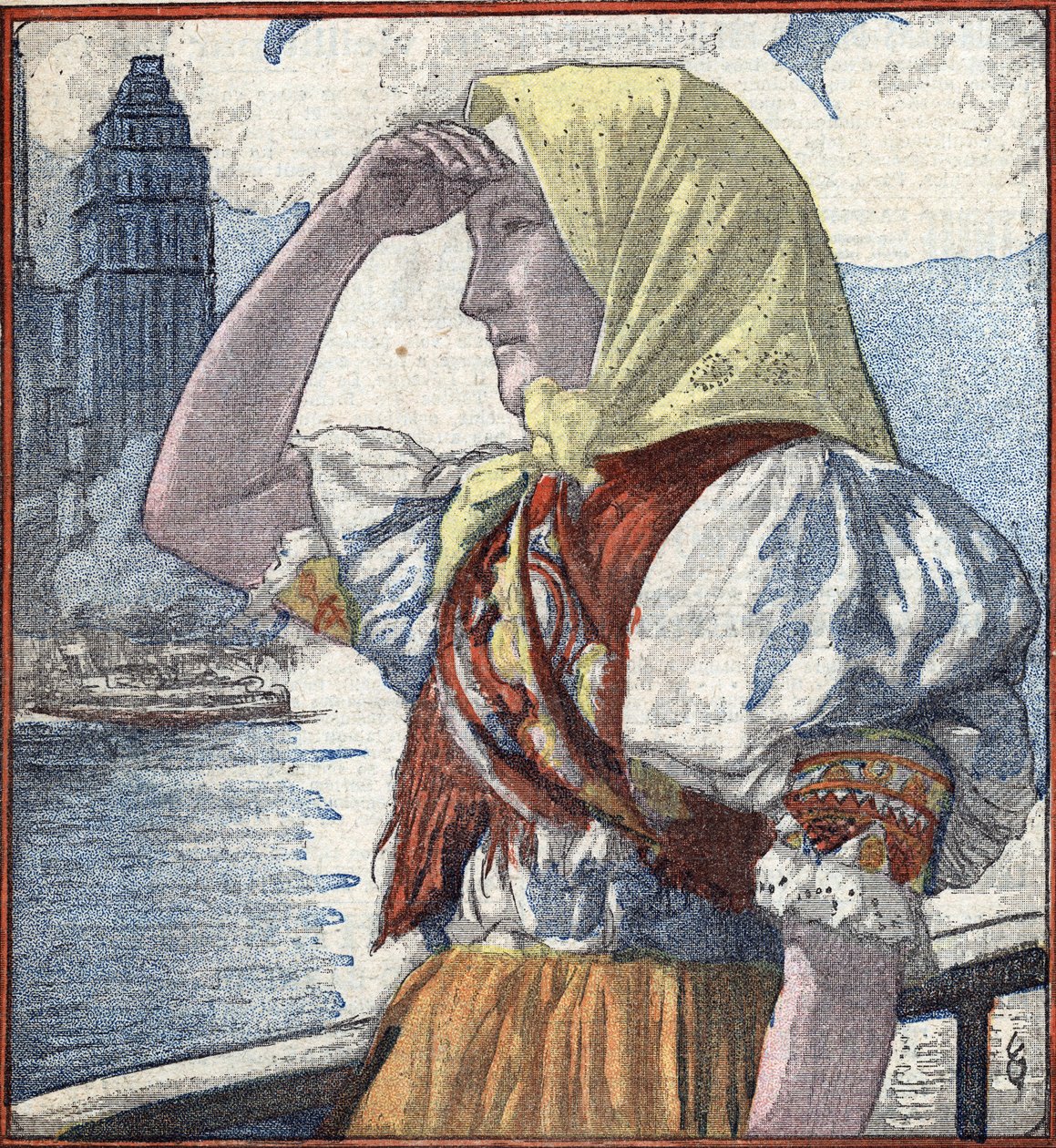 Invandringens historia i Amerika: en ung invandrarkvinna anländer till Ellis Island med New York i bakgrunden Illustration från "Le Pelerin" 15 april 1934 Privat samling av Unknown Artist