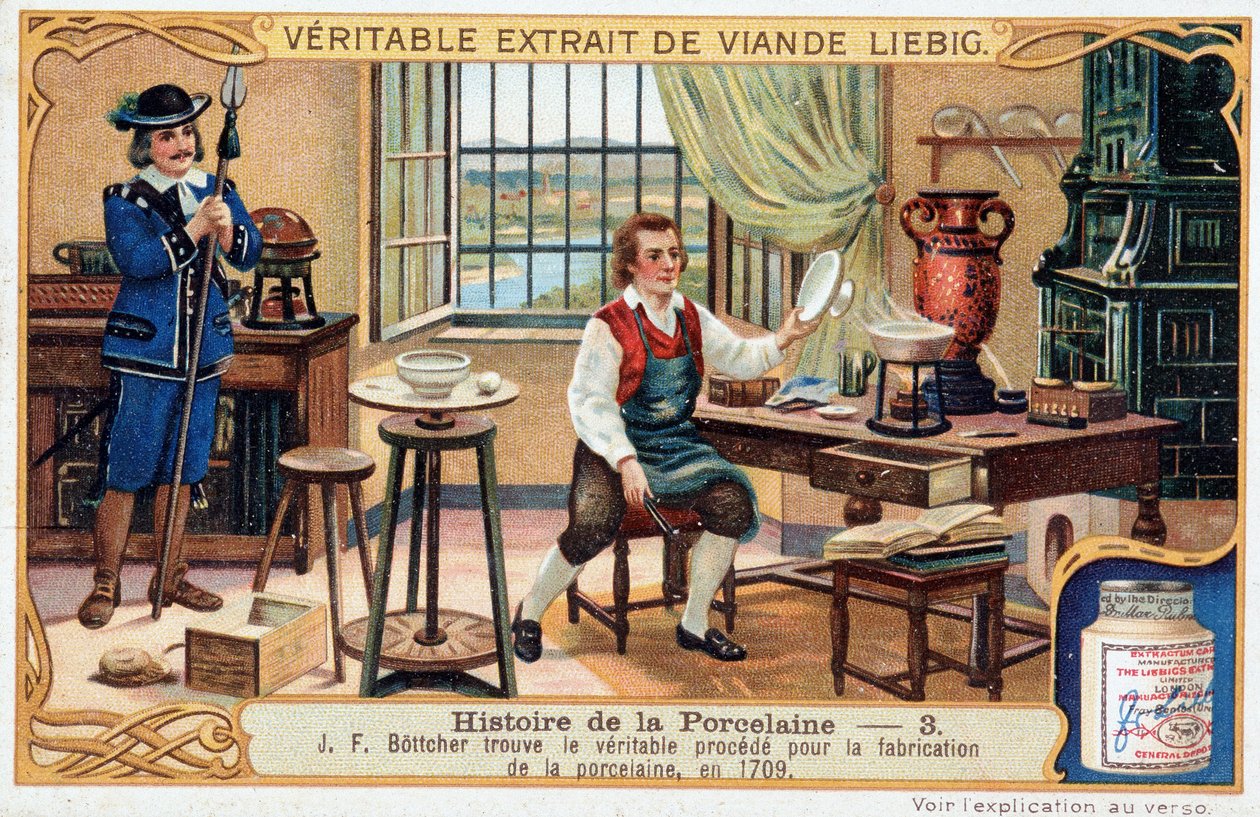 Porslinets historia: Johann Friedrich Bottger (Bottcher eller Bottiger) (1682-1719) hittar den sanna metoden för att tillverka porslin 1709 - Liebig-kromolitografi av Unknown artist