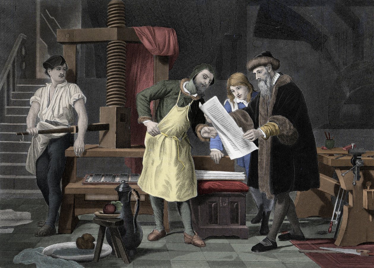 Tryckningens historia: första testet av Bibeln tryckt av Johannes Gensfleisch Gutenbergs (1400-1468) press representerad med Johann Fust (1400-1466) - 1453 Det första korrekturarket från Gutenbergs press av Unknown artist