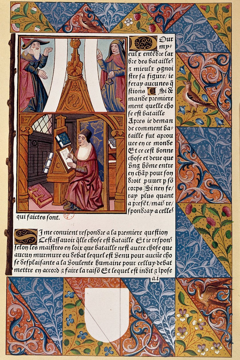 Tryckeriets historia: förläggaren Antoine Verard (? -1513) komponerar sin bok. Från ett manuskript från 1494. av Unknown artist