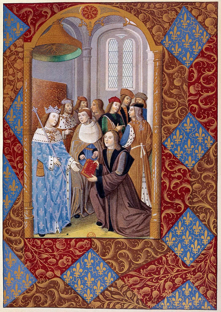 Tryckeriets historia: förläggaren Antoine Verard (? -1513) presenterar sin bok för kung Karl VIII. Från ett manuskript från 1494 av Unknown artist