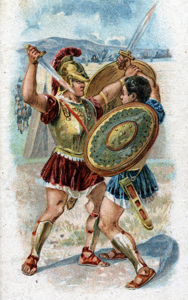 Historien om Achilles, legendariska hjältar från det trojanska kriget: Achilles kämpar mot Hector för att hämnas Patrocles död. Kromolitografi från 1890. av Unknown artist