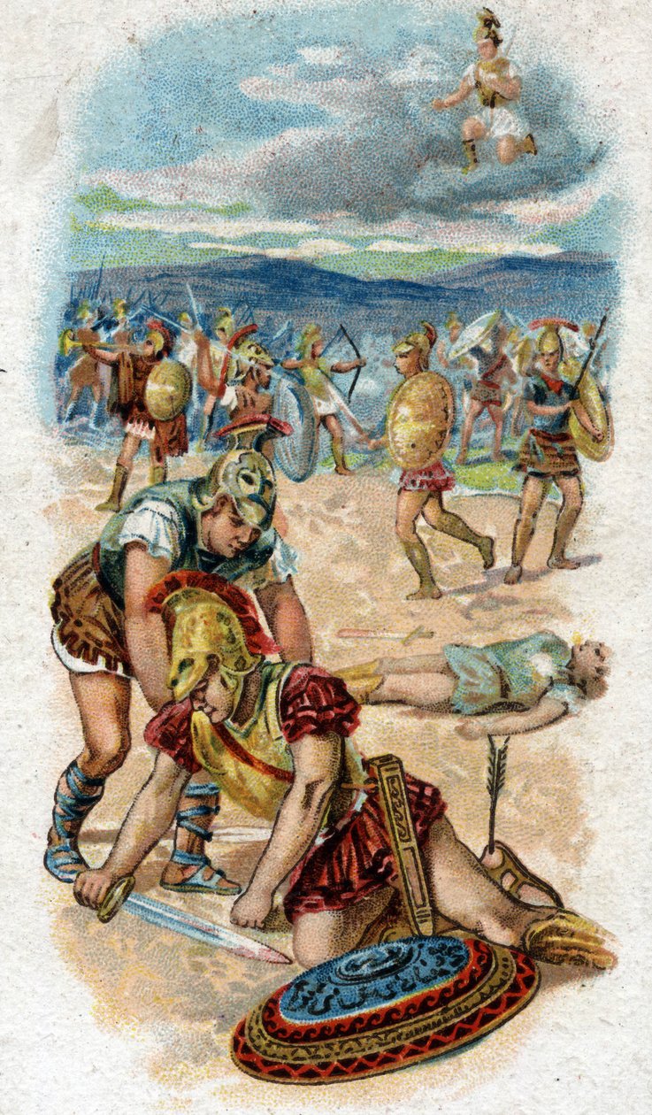 Historia om Achilles, legendariska hjältar från det trojanska kriget: Achilles död, vid foten av Trojas murar, hälen, hans svaga punkt, tränger igenom en pil dragen av Paris. Kromolitografi från 1890. av Unknown artist