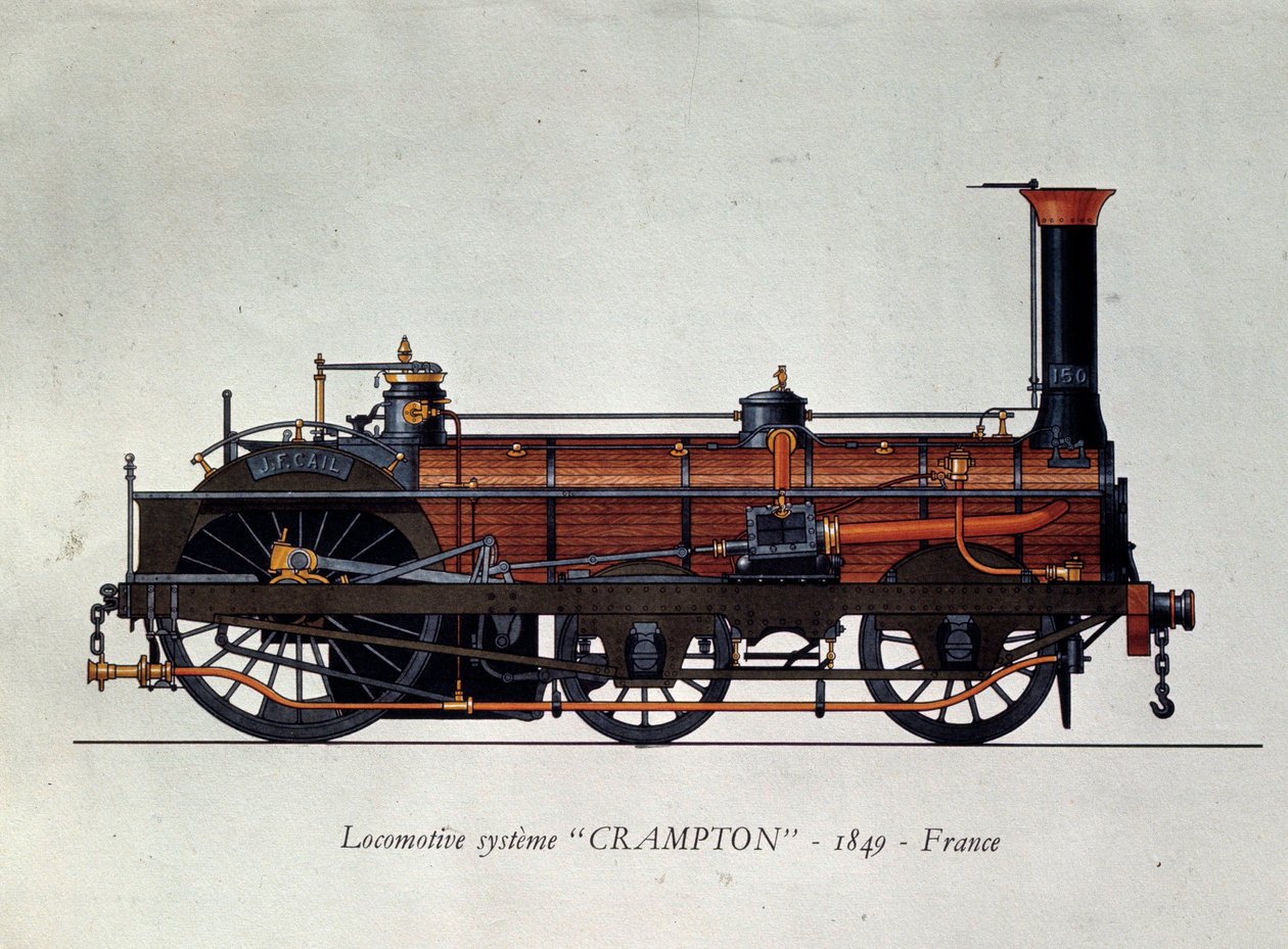 Transportens historia: lokomotiv, Crampton-system uppkallat efter Thomas Russell Crampton (1816-1888), brittisk ingenjör: han skapade ett höghastighetslok. Gravyr från 1849 Paris, Dekorativ konst av Unknown artist
