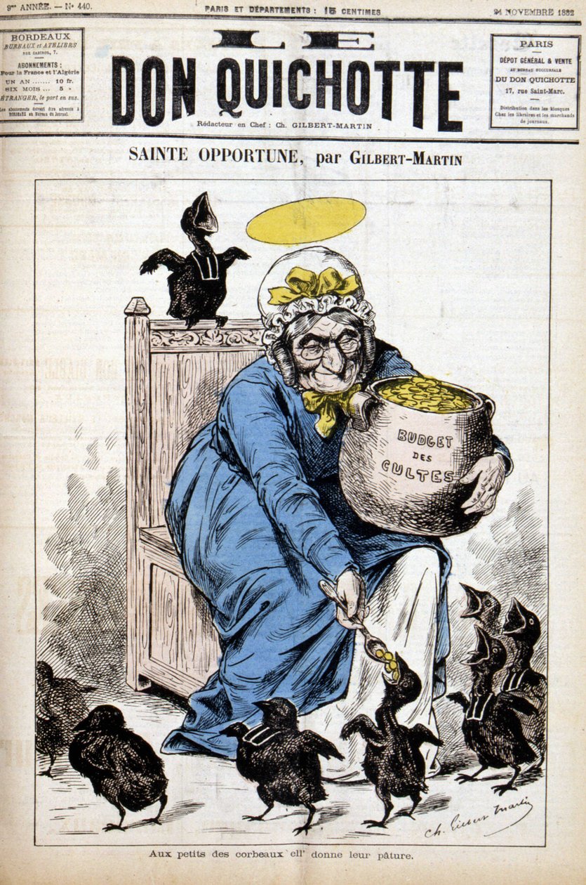 Heliga tillfällen och kulternas budget: till de små kråkorna ger hon deras bestånd - i "" Le Don Quijote""" av 1882-11-24 av Unknown artist