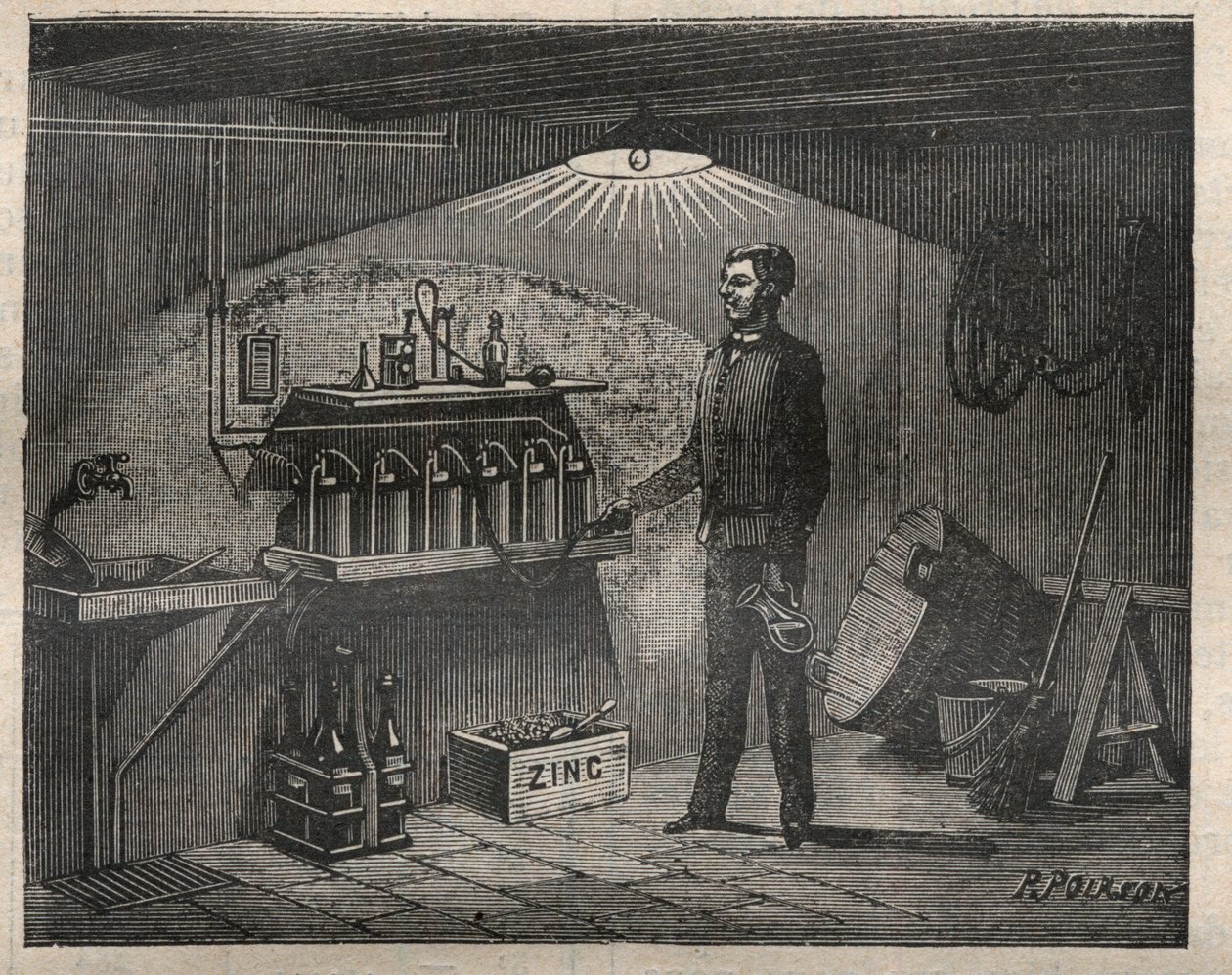 Home Electricite: Installation av batteriet som uppfanns av Radiguet i en källare - Gravyr i "La Science francaise" av Unknown artist