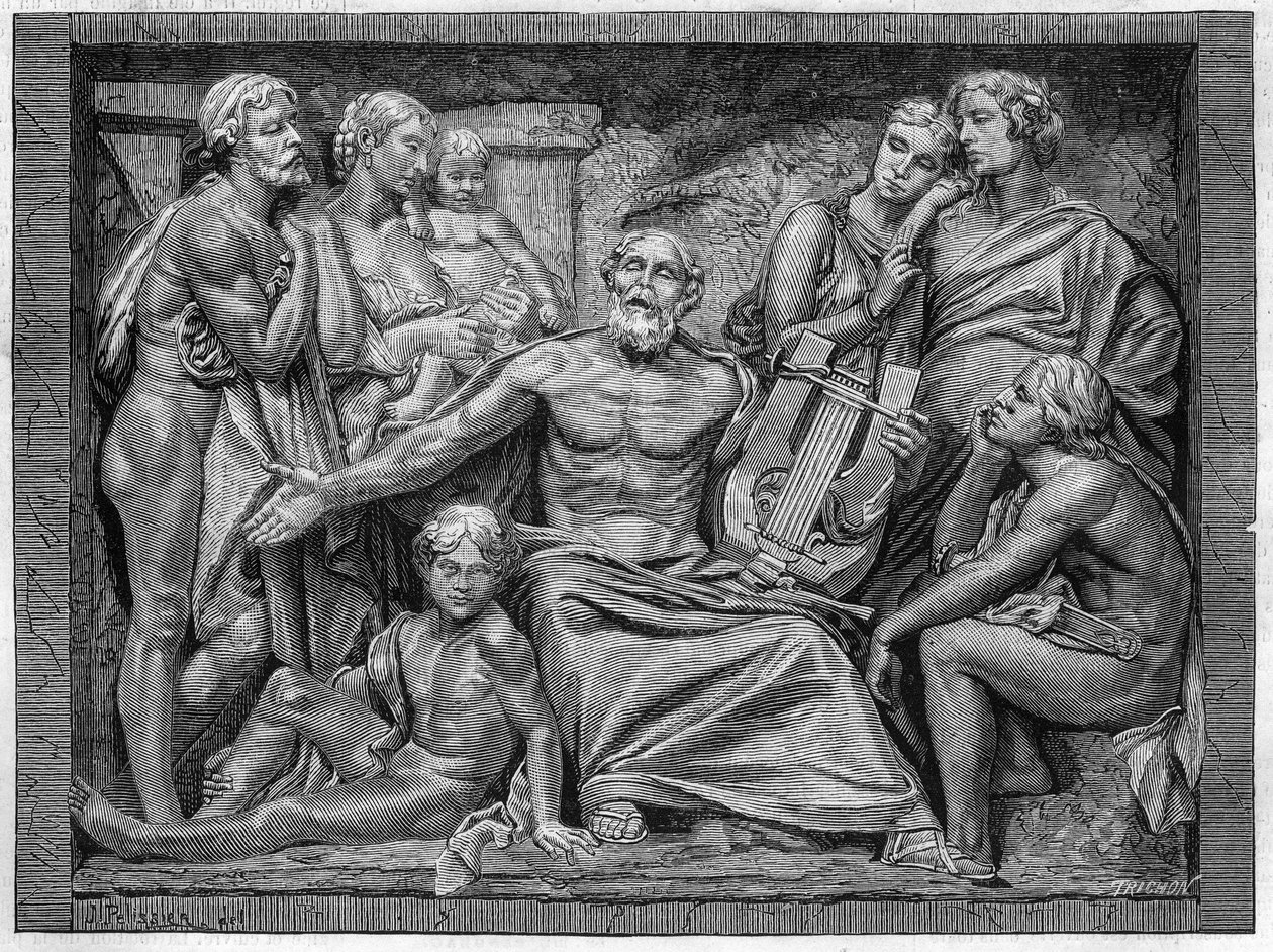 Homere sjunger med sin lyra i en stad i Jonien. Gravyr efter den låga reliefen av Mr. Hugues, storslagna skulpturpriset i 1875 års skoltävling. av Unknown artist