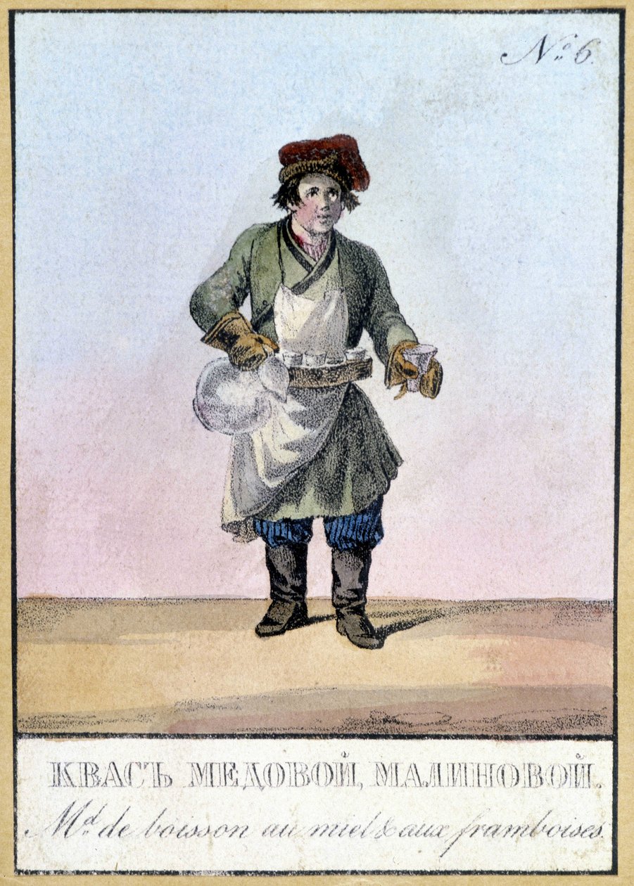 Dryckeshandlare med honung och hallon i Ryssland på 1800-talet. Illustration av 1800-talet. av Unknown artist