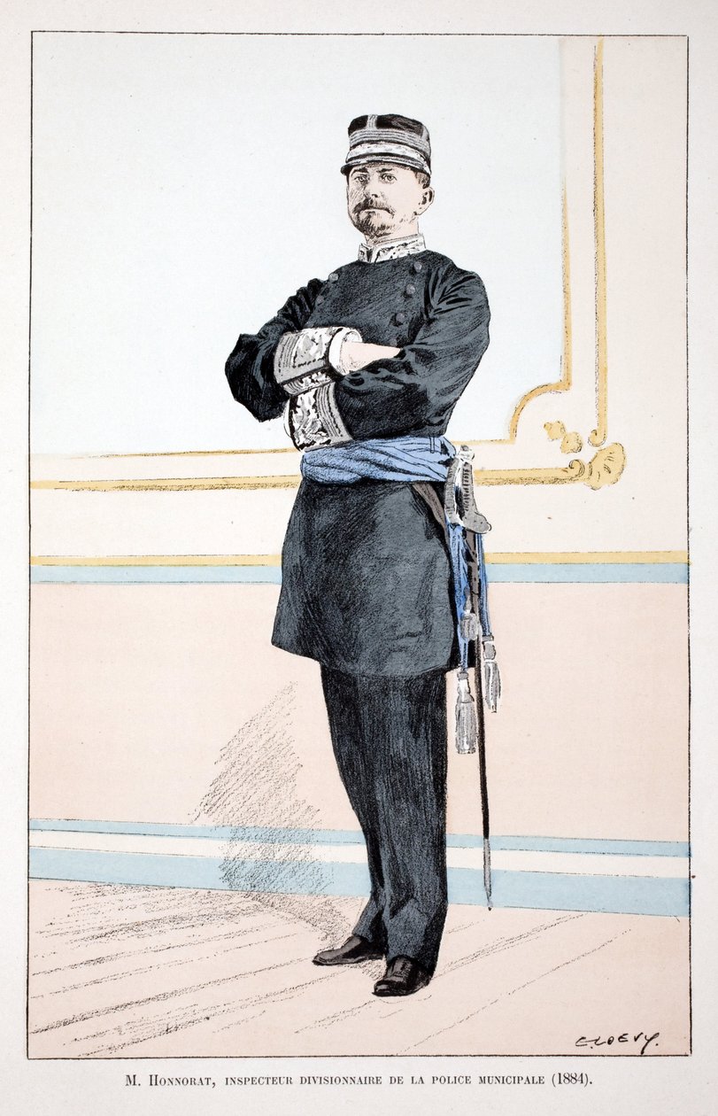 Honorat, avdelningsinspektör för kommunalpolisen (1884). Etsning i färger, för illustration "" History of the Corps of Peacekeepers""" bok publicerad under beskydd av Louis Lepine (1846-1933), prefekt för polisen på Seine, av Alfred Rey av Unknown artist