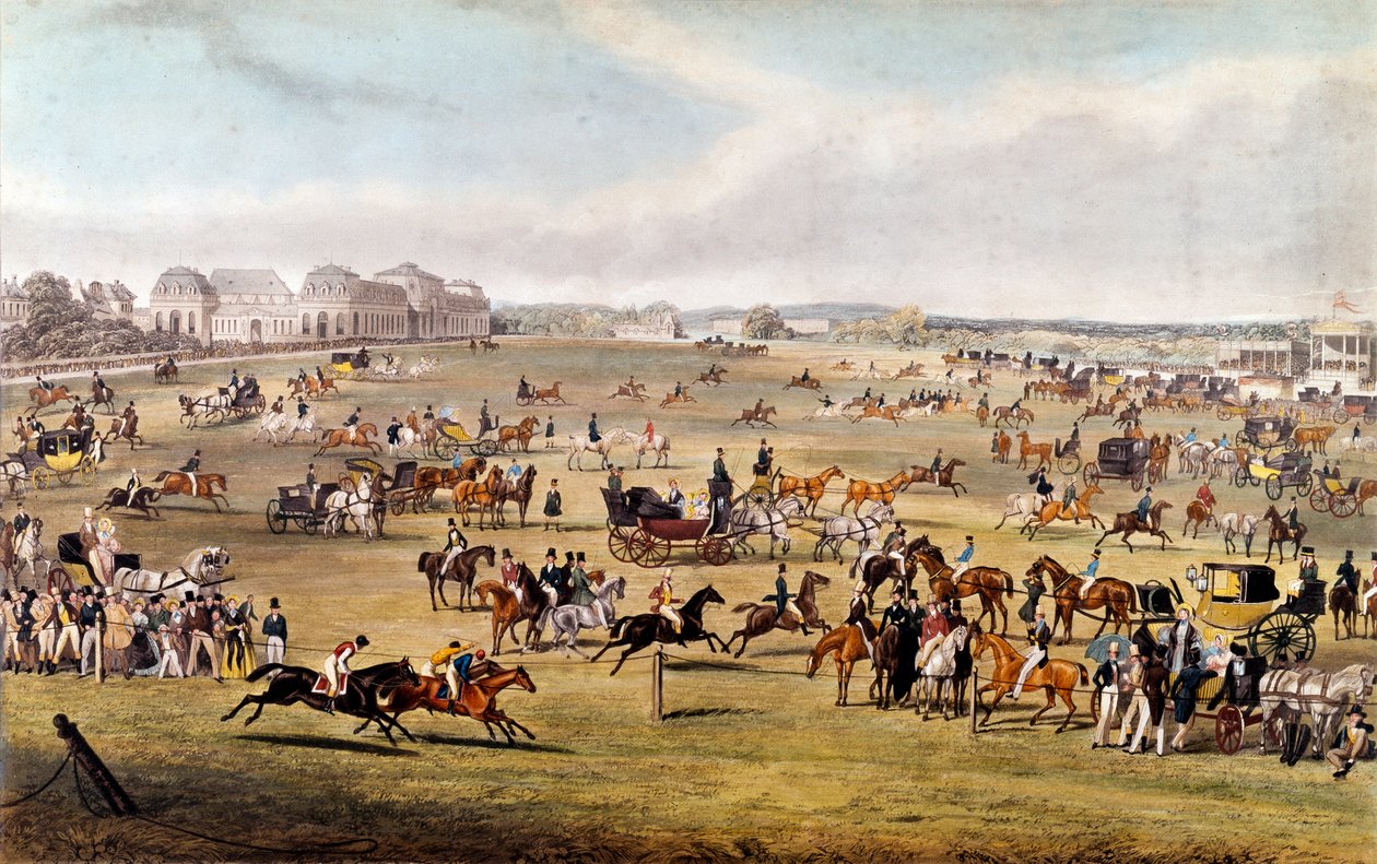 Hästkapplöpning i Chantilly under beskydd av hertigen av Orleans Gravyr från 1841. Privat samling av Unknown artist